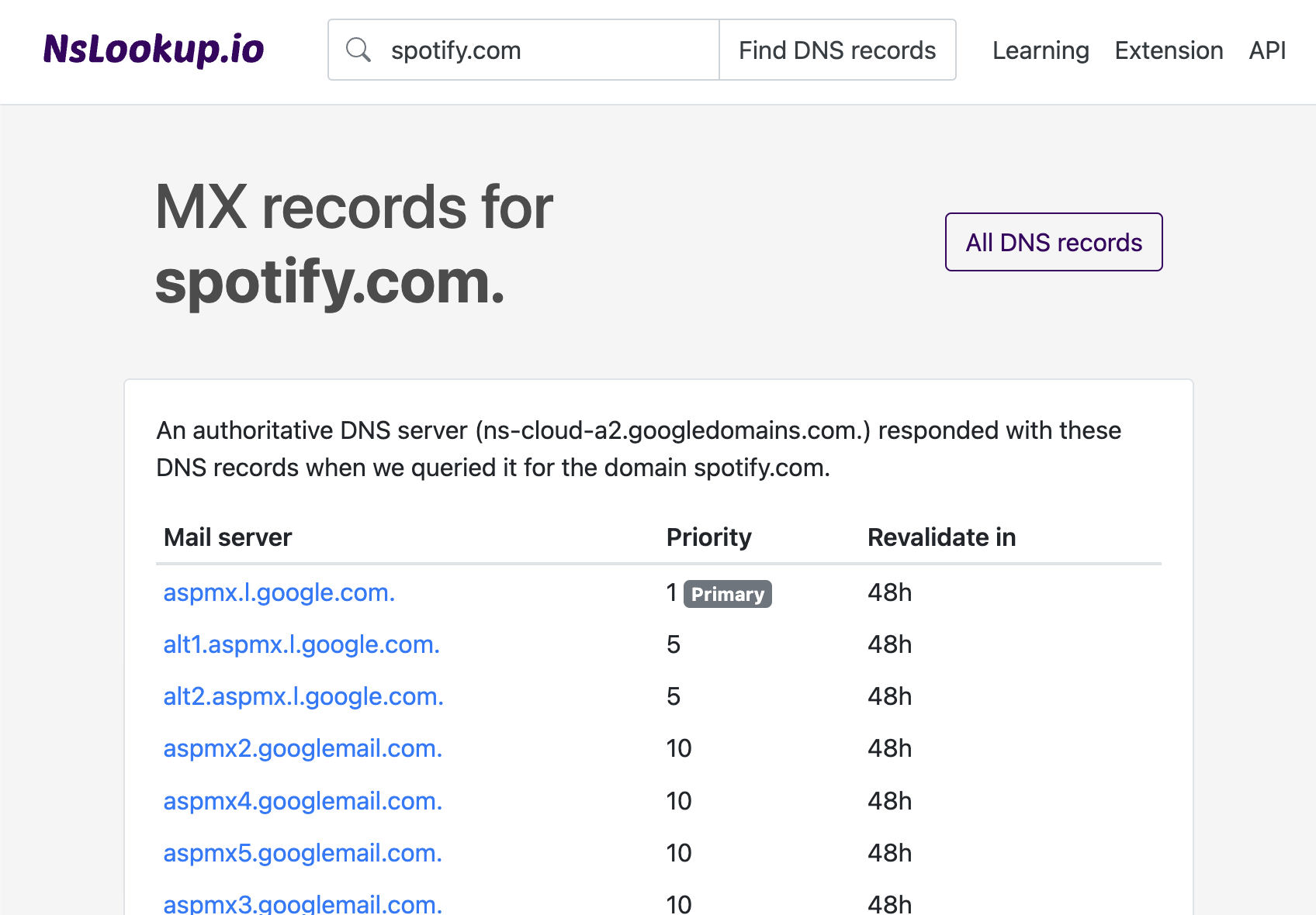 Example DNS MX records
