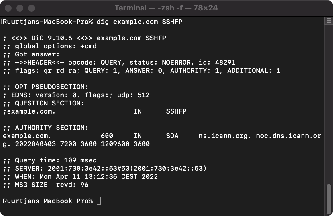 Example output of a SSHFP lookup query